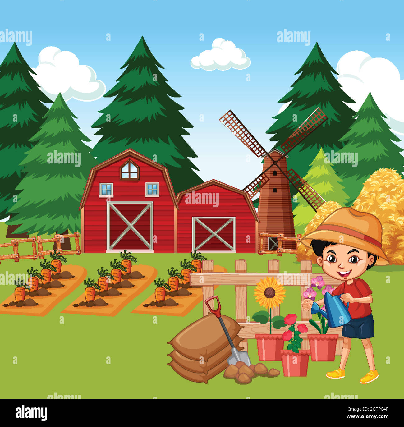Farm scene with boy watering flowers in the garden Stock Vector Image ...