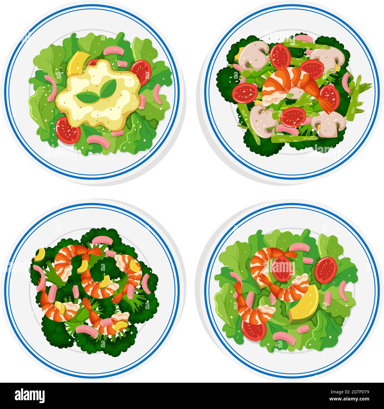 Four types of salad on round plate hires stock photography and images