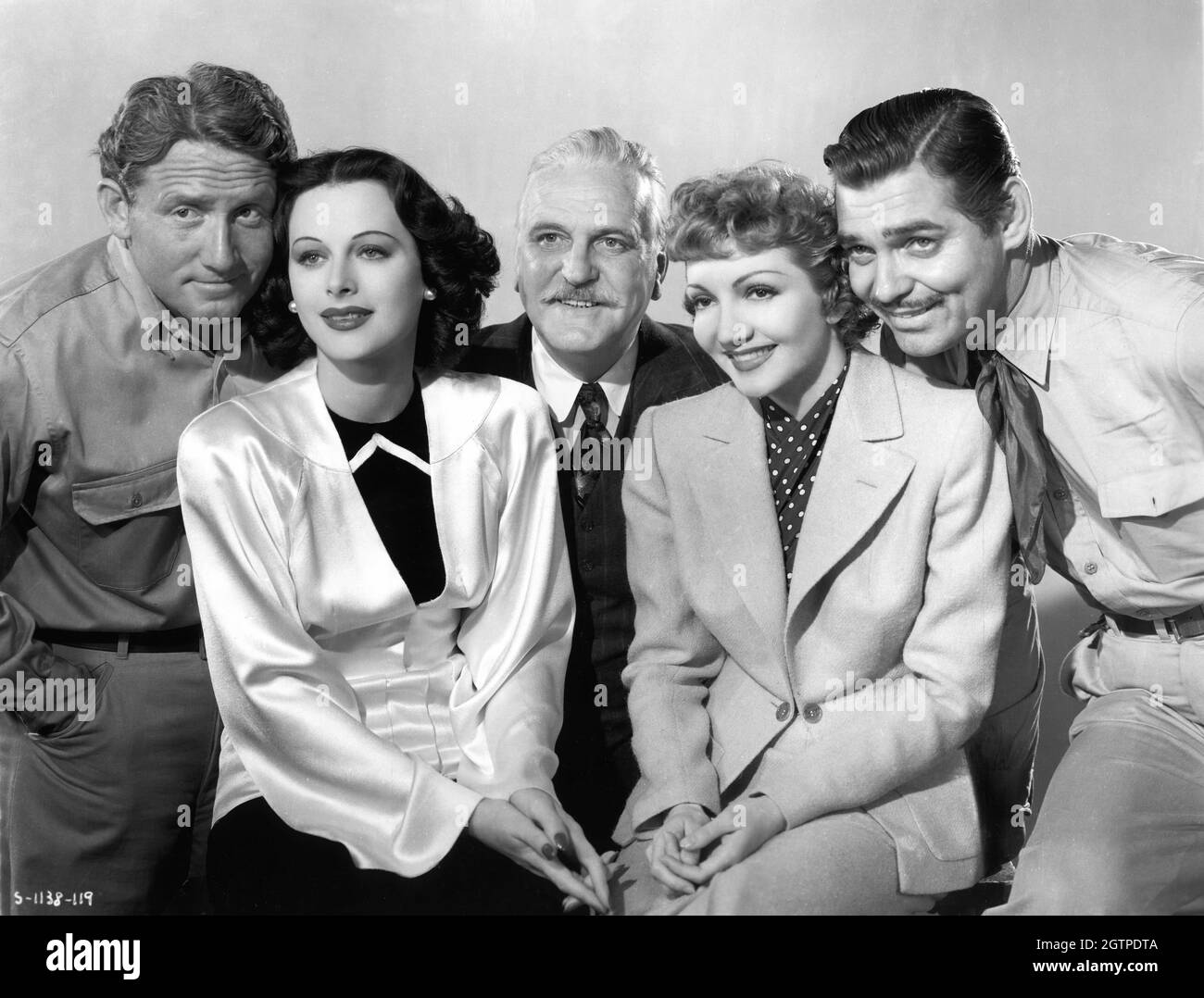 SPENCER TRACY HEDY LAMARR FRANK MORGAN CLAUDETTE COLBERT and CLARK GABLE Publicity Portrait in BOOM TOWN 1940 director JACK CONWAY screenplay John Lee Mahin based on a story by James Edward Grant gowns Gilbert Adrian music Franz Waxman Metro Goldwyn Mayer Stock Photo