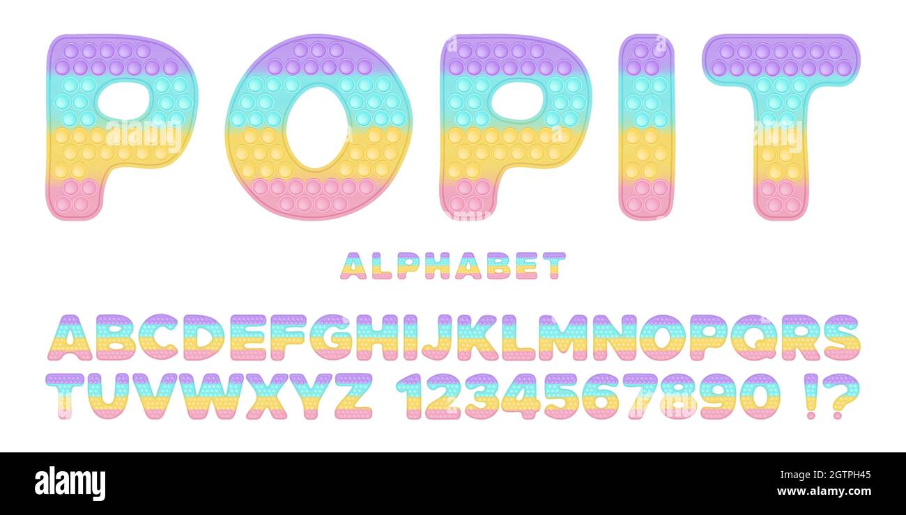 Popit font design - alphabet and numbers set in style of trendy silicon  fidget toys. Pop it toy for fidget in pastel colors. Bubble sensory letters  as Stock Vector Image & Art -