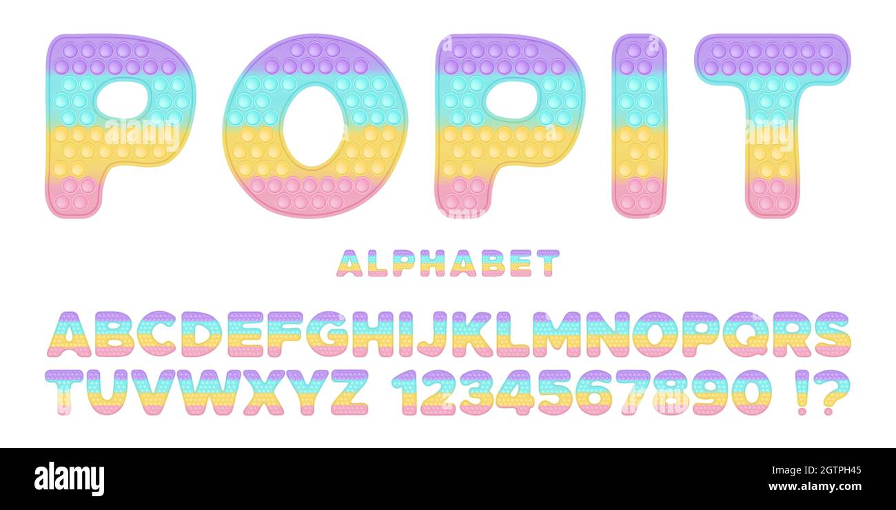 Popit font design alphabet and numbers set in style of trendy silicon