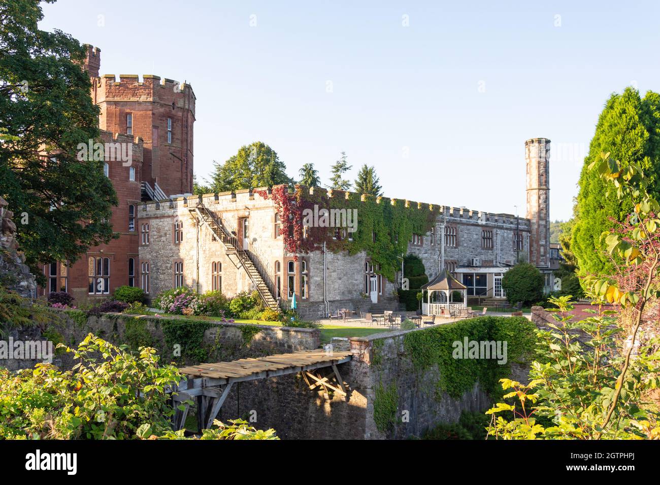 View across mote, Ruthin Castle (Castell Rhuthun) Hotel, Castle Street