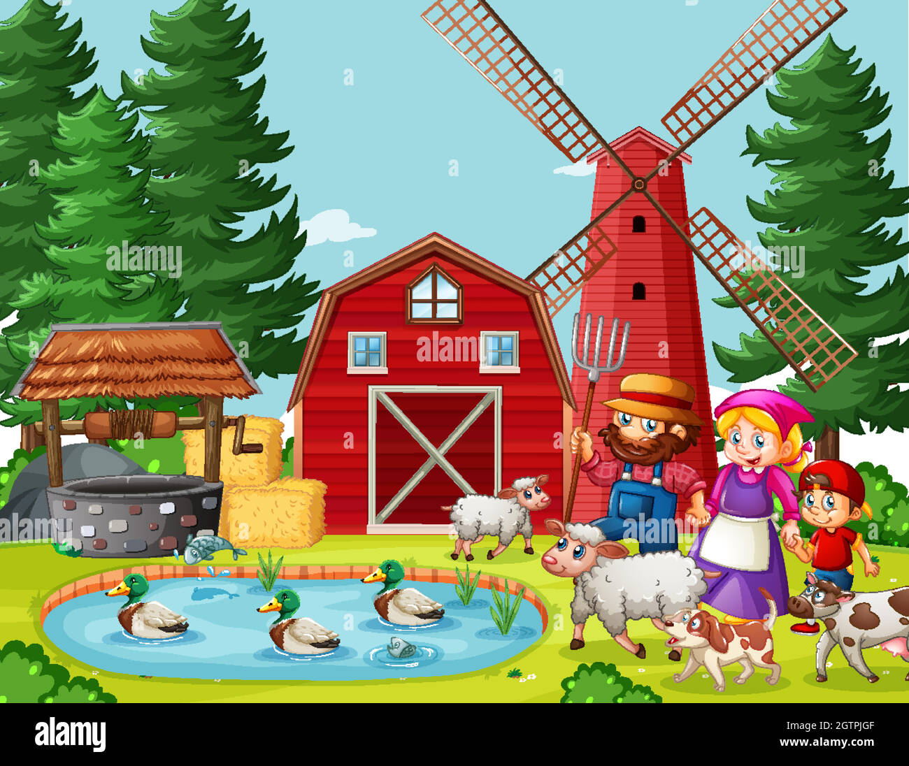Old MacDonald in the farm with barn and windmill scene Stock Vector