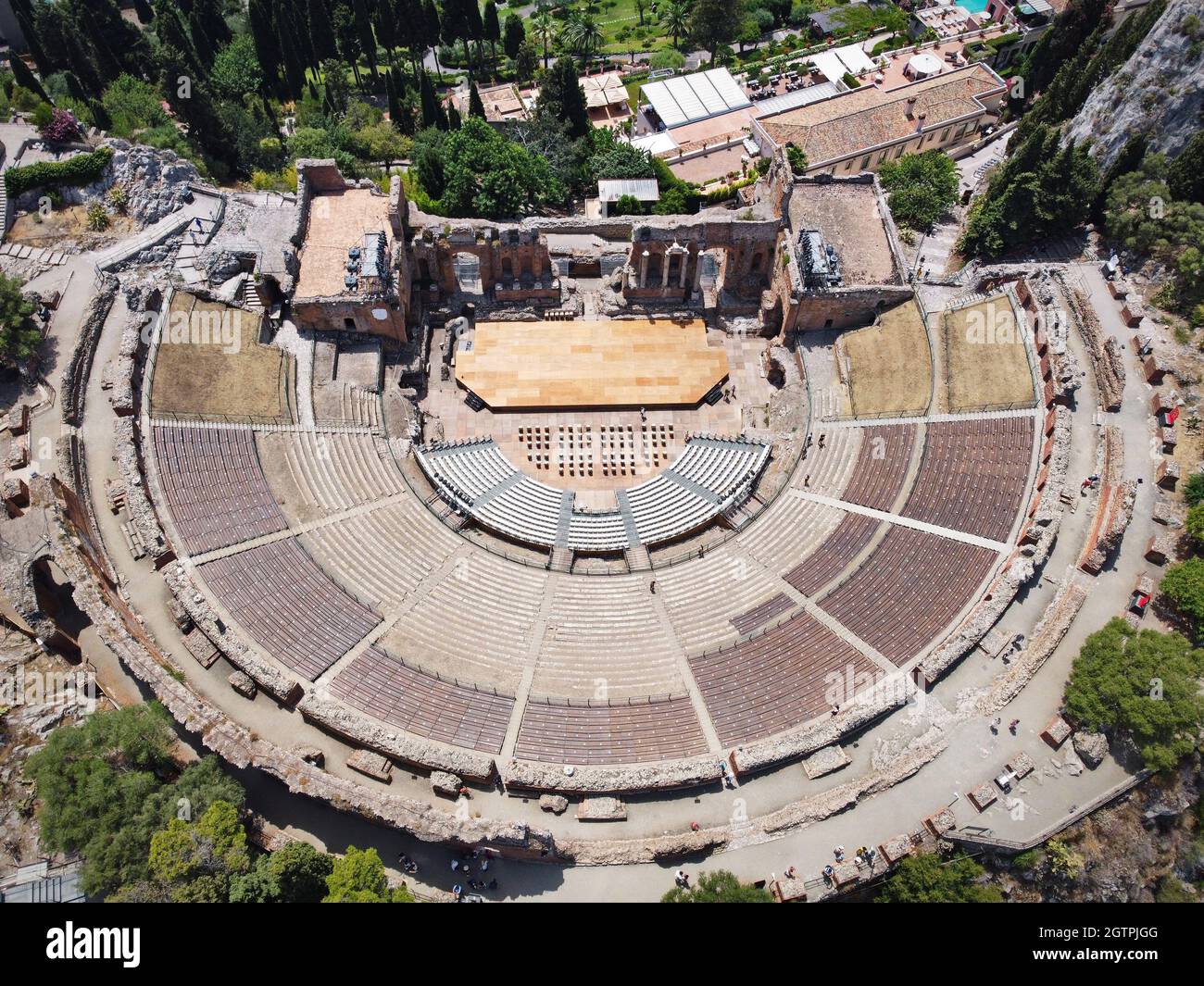 Aerial view of the ancient Greek theatre of Taormina, Sicily, Italy. Stock Photo
