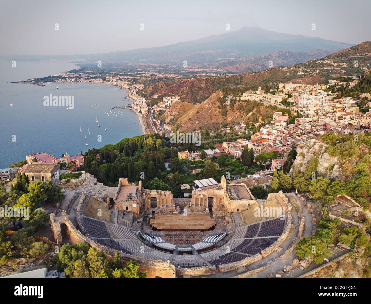 Aerial view of the ancient Greek theatre of Taormina, Sicily, Italy. Stock Photo