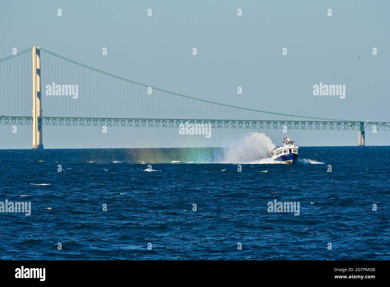 Star Lines Ferry fishtailing toward Mackinac Island, with Mackinac