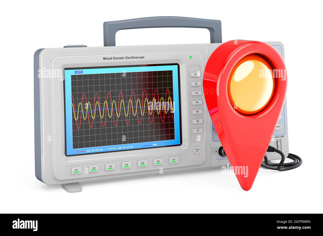 Oscilloscope with map pointer. 3D rendering isolated on white ...