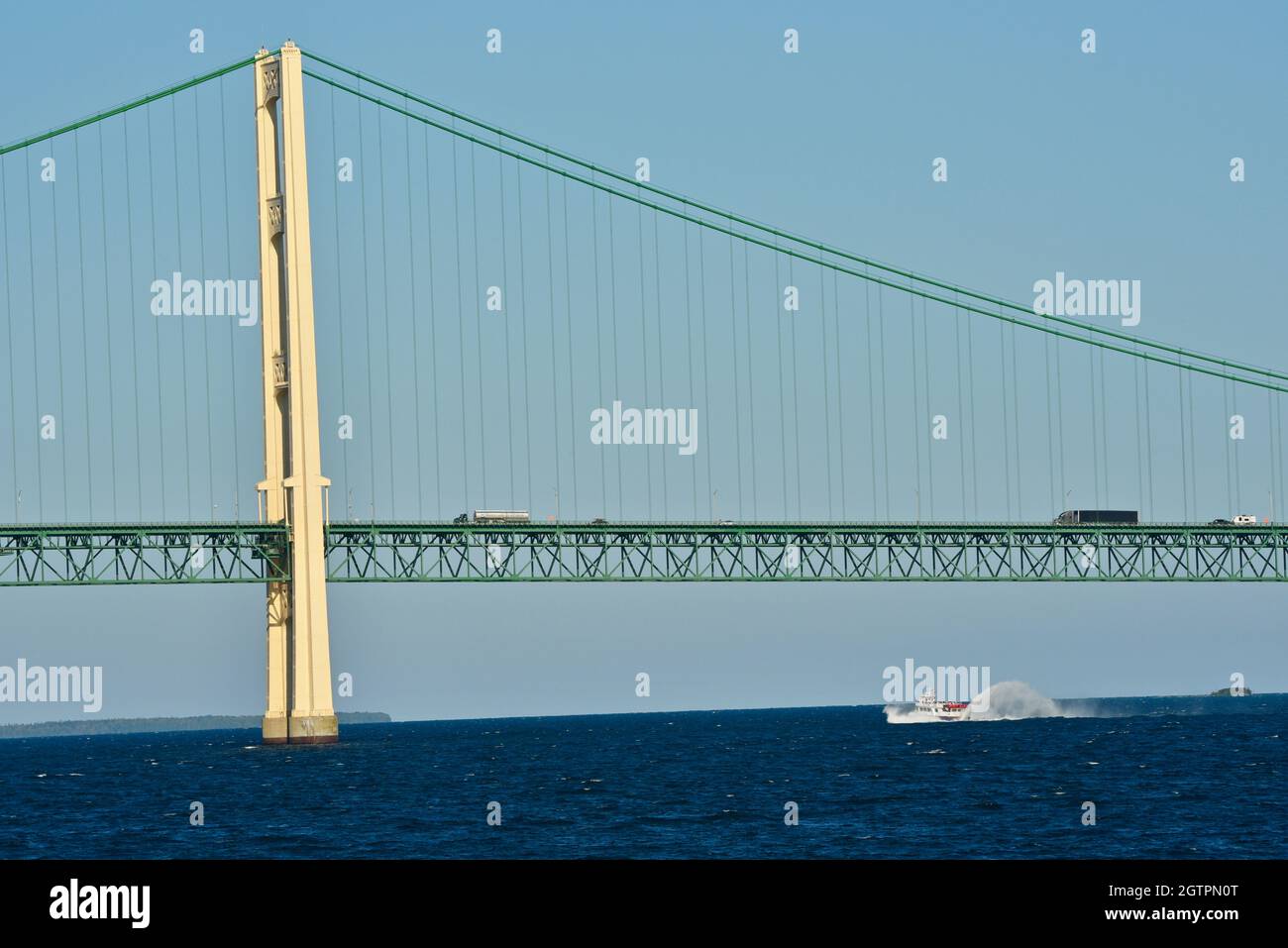 Star Lines Ferry fishtailing toward Mackinac Island, with Mackinac