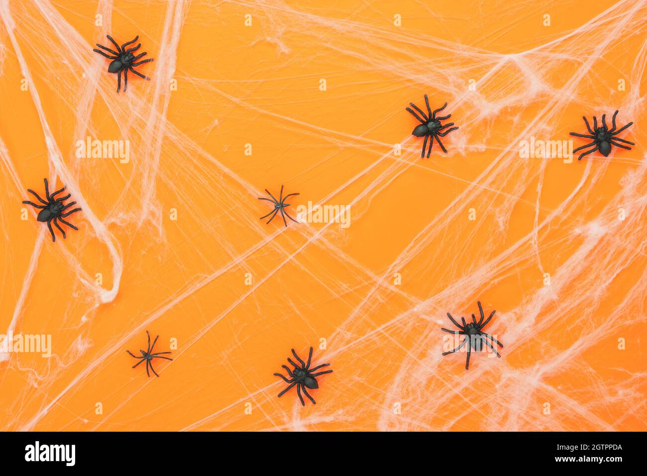 Artificial Spiders Hanging With s On Orange Wall Stock Photo Alamy