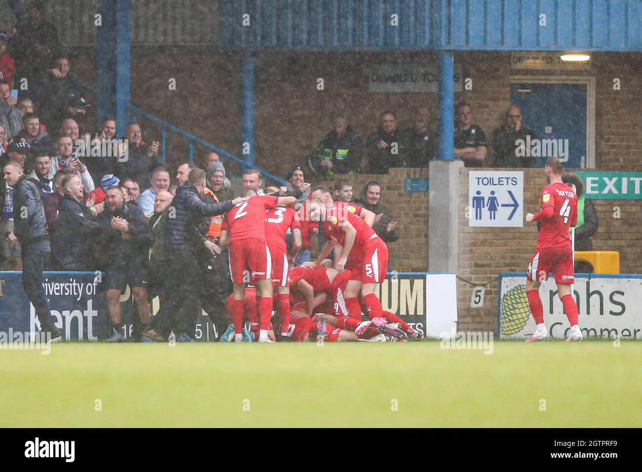 GILLINGHAM, UK. OCT 2ND Goal celebrations as Max Power of Wigan Athletic opens the scoring during the Sky Bet League 1 match between Gillingham and Wigan Athletic at the MEMS Priestfield Stadium, Gillingham on Saturday 2nd October 2021. (Credit: Tom West | MI News) Credit: MI News & Sport /Alamy Live News Stock Photo