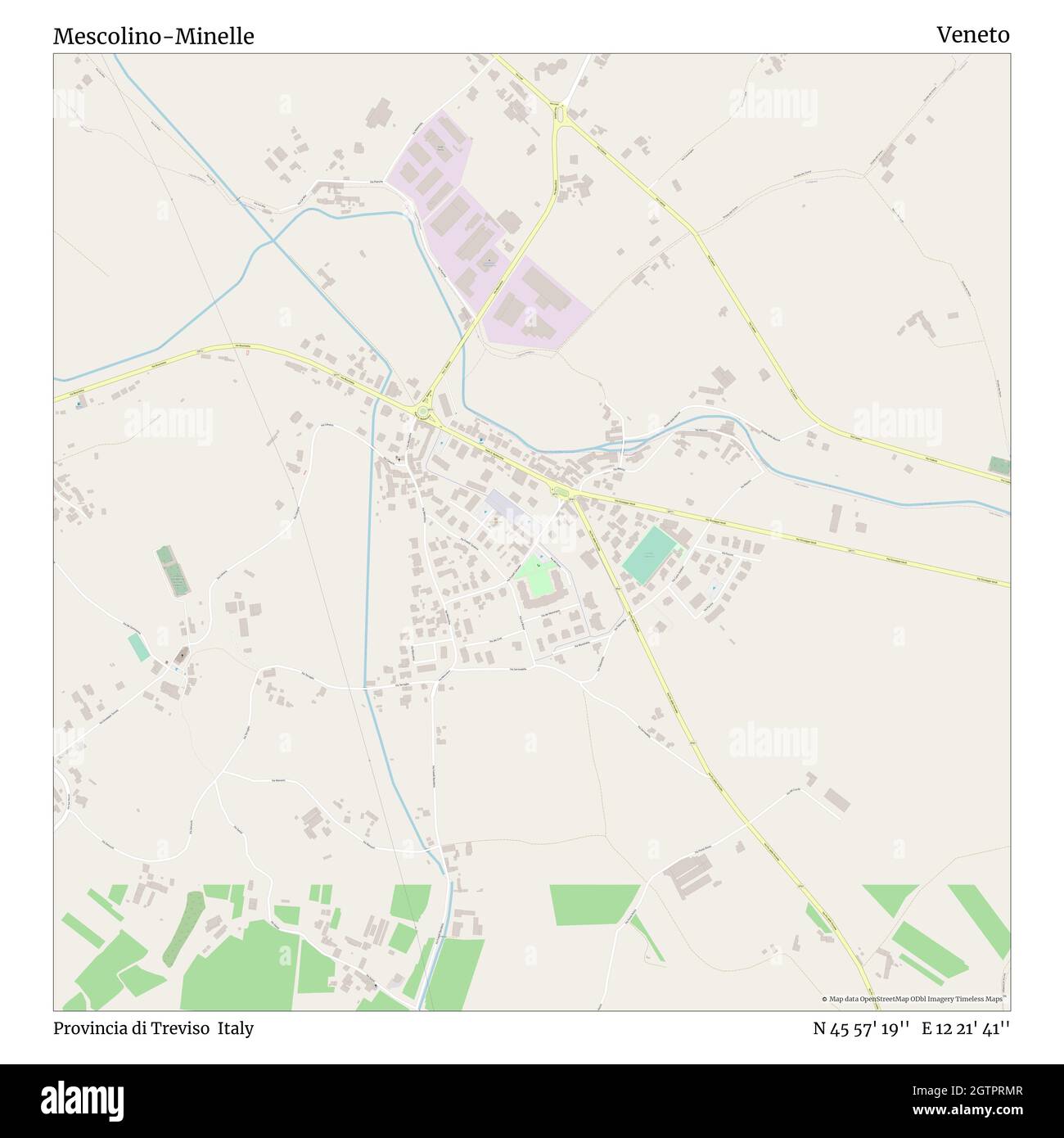 Mescolino-Minelle, Provincia di Treviso, Italy, Veneto, N 45 57' 19'', E 12 21' 41'', map, Timeless Map published in 2021. Travelers, explorers and adventurers like Florence Nightingale, David Livingstone, Ernest Shackleton, Lewis and Clark and Sherlock Holmes relied on maps to plan travels to the world's most remote corners, Timeless Maps is mapping most locations on the globe, showing the achievement of great dreams Stock Photo