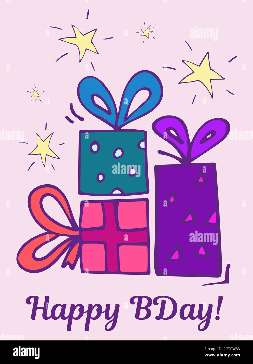 Vector birthday card with gifts and stars. Stock Vector