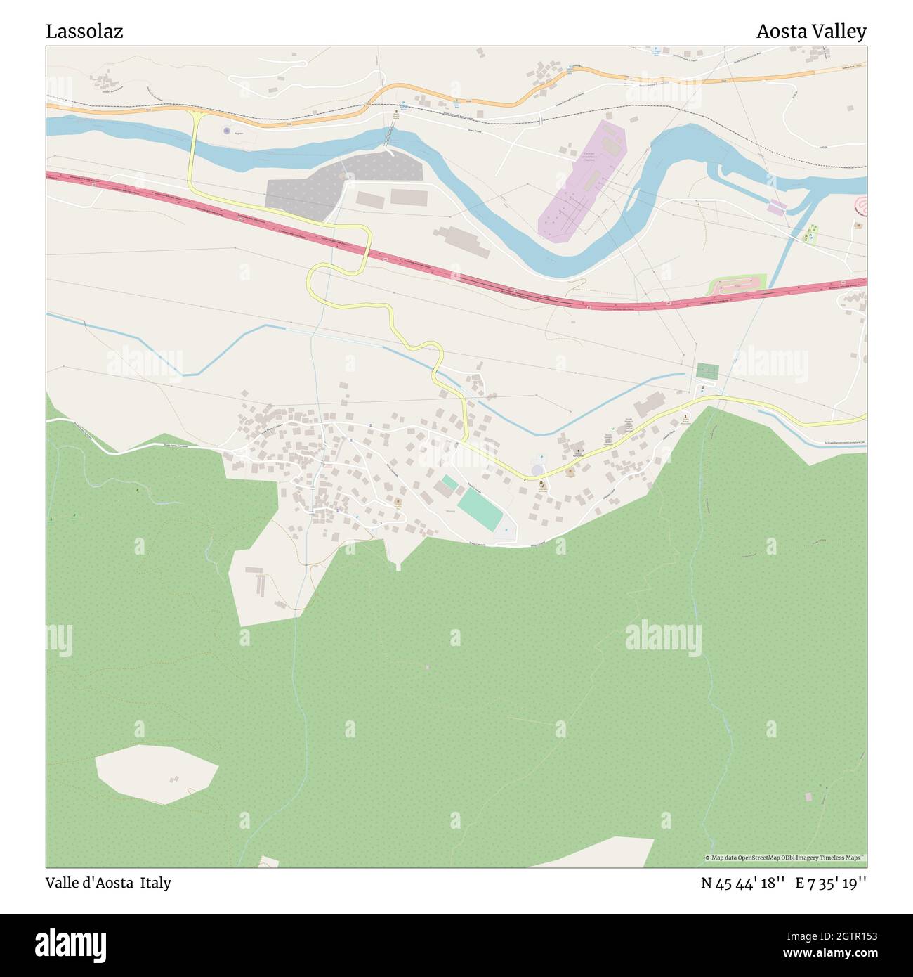Lassolaz, Valle d'Aosta, Italy, Aosta Valley, N 45 44' 18'', E 7 35' 19'', map, Timeless Map published in 2021. Travelers, explorers and adventurers like Florence Nightingale, David Livingstone, Ernest Shackleton, Lewis and Clark and Sherlock Holmes relied on maps to plan travels to the world's most remote corners, Timeless Maps is mapping most locations on the globe, showing the achievement of great dreams Stock Photo