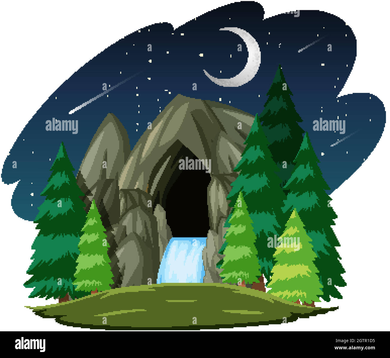 Stone cave in the night scene isolated on white background Stock Vector ...