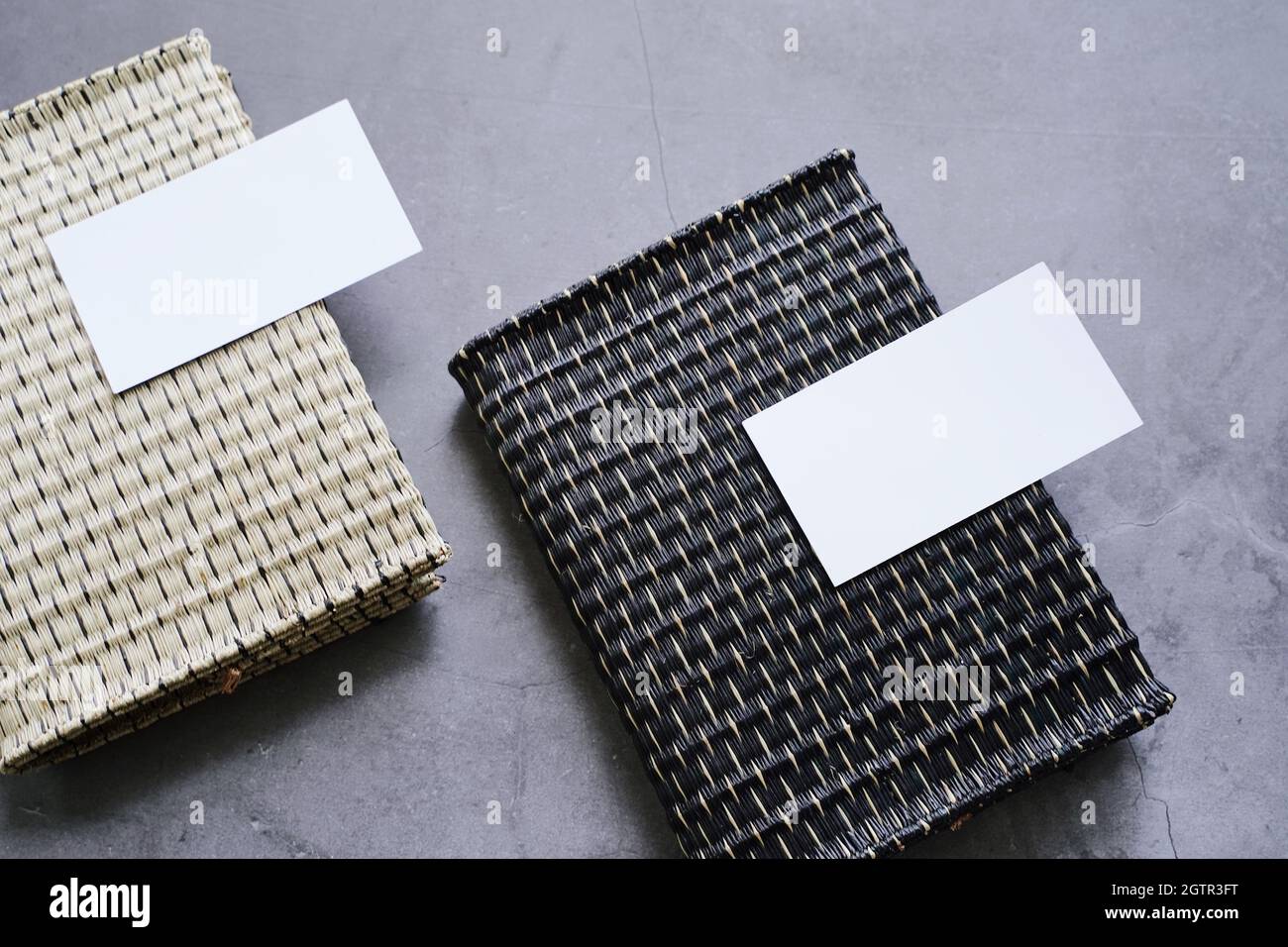 Flat Lay Branding Identity Business Name Card On Wicker Book Cover In Modern Style On Dark Stone Background Minimal Concept For Design Stock Photo Alamy