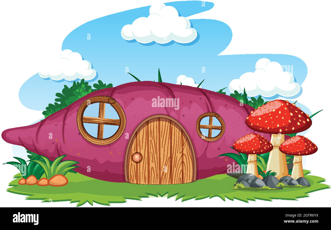 Taro house with mushroom cartoon style on sky background Stock Vector