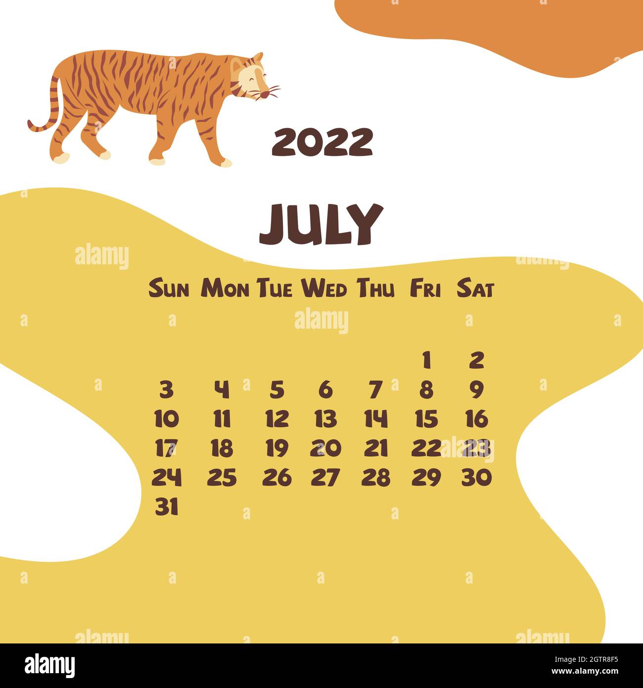 2022 july calendar with abstract shapes and tiger. Colorful modern calendar with trending colors, monthly planner. Vector hand drawn illustration. Mod Stock Vector