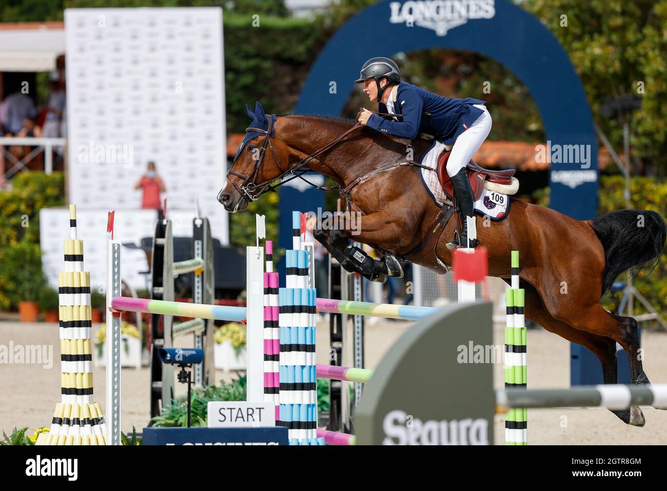 Michael Duffy of Ireland riding RMF Charly during the CSIO Barcelona: Longines FEI jumping Nations Cup at Real Club de Polo of Barcelona. Stock Photo