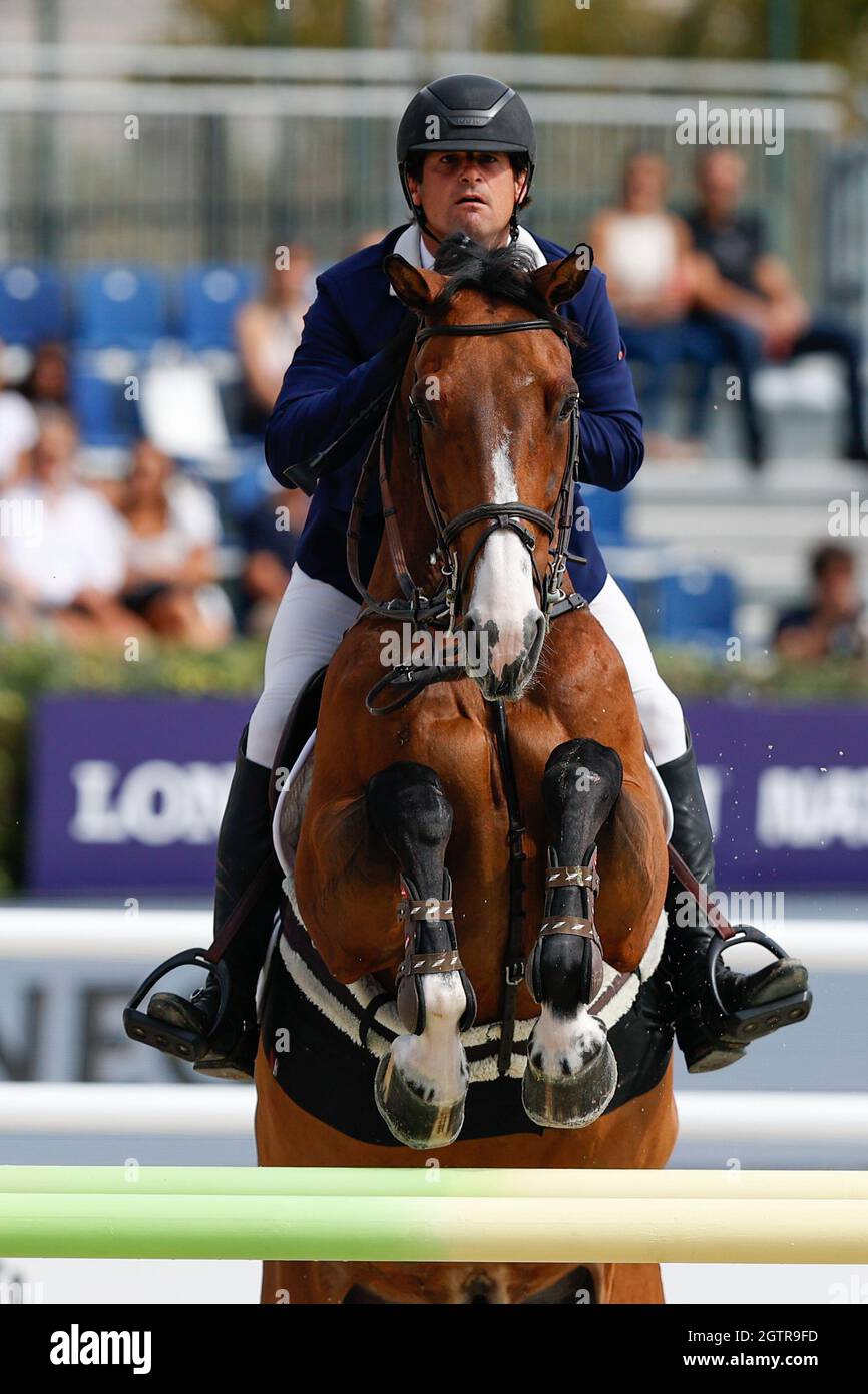 Enrique Camiruaga of Spain riding Vintage during the CSIO Barcelona: Longines FEI jumping Nations Cup at Real Club de Polo of Barcelona. Stock Photo