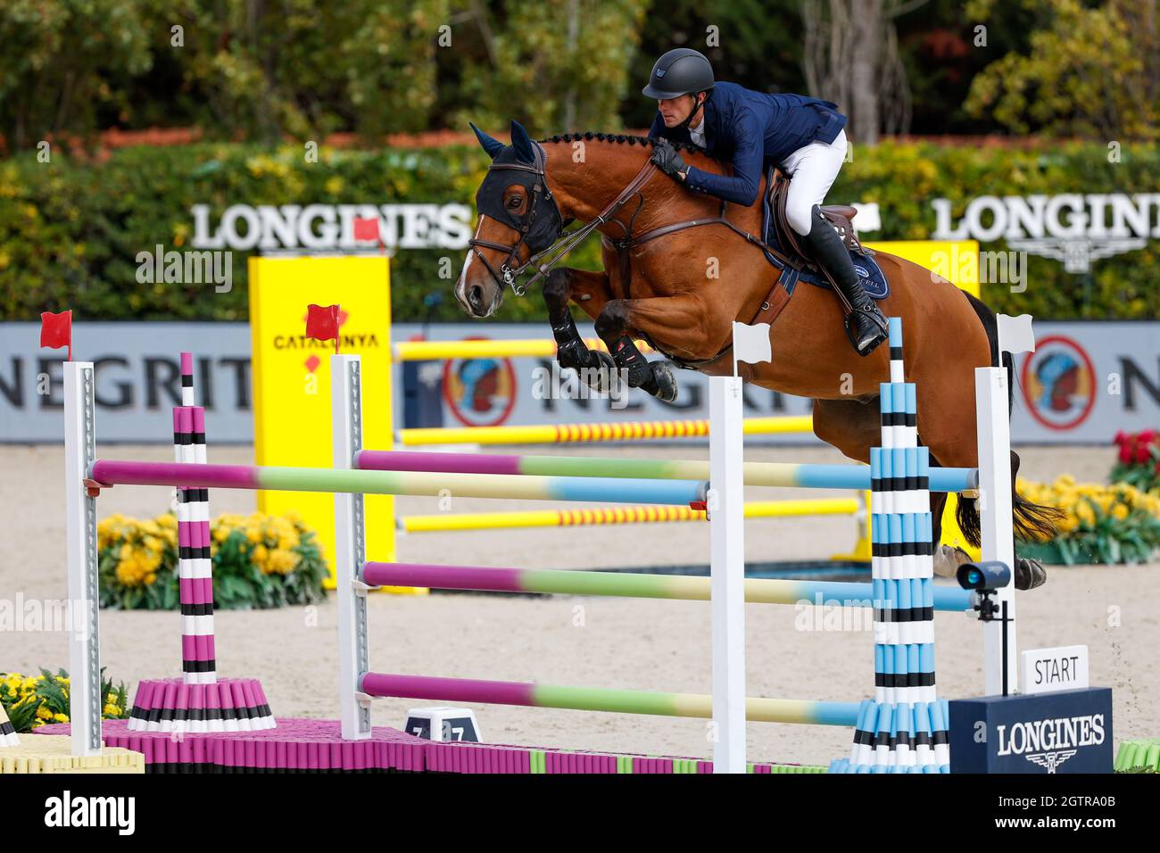 Gregory Wathelet of Belgium riding Indago during the CSIO Barcelona: Longines FEI jumping Nations Cup at Real Club de Polo of Barcelona. Stock Photo