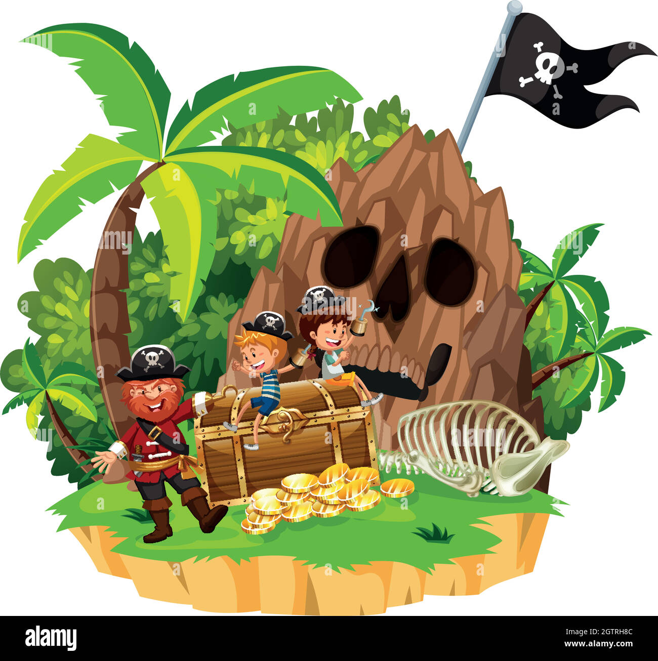 Pirate and Children on Island Stock Vector
