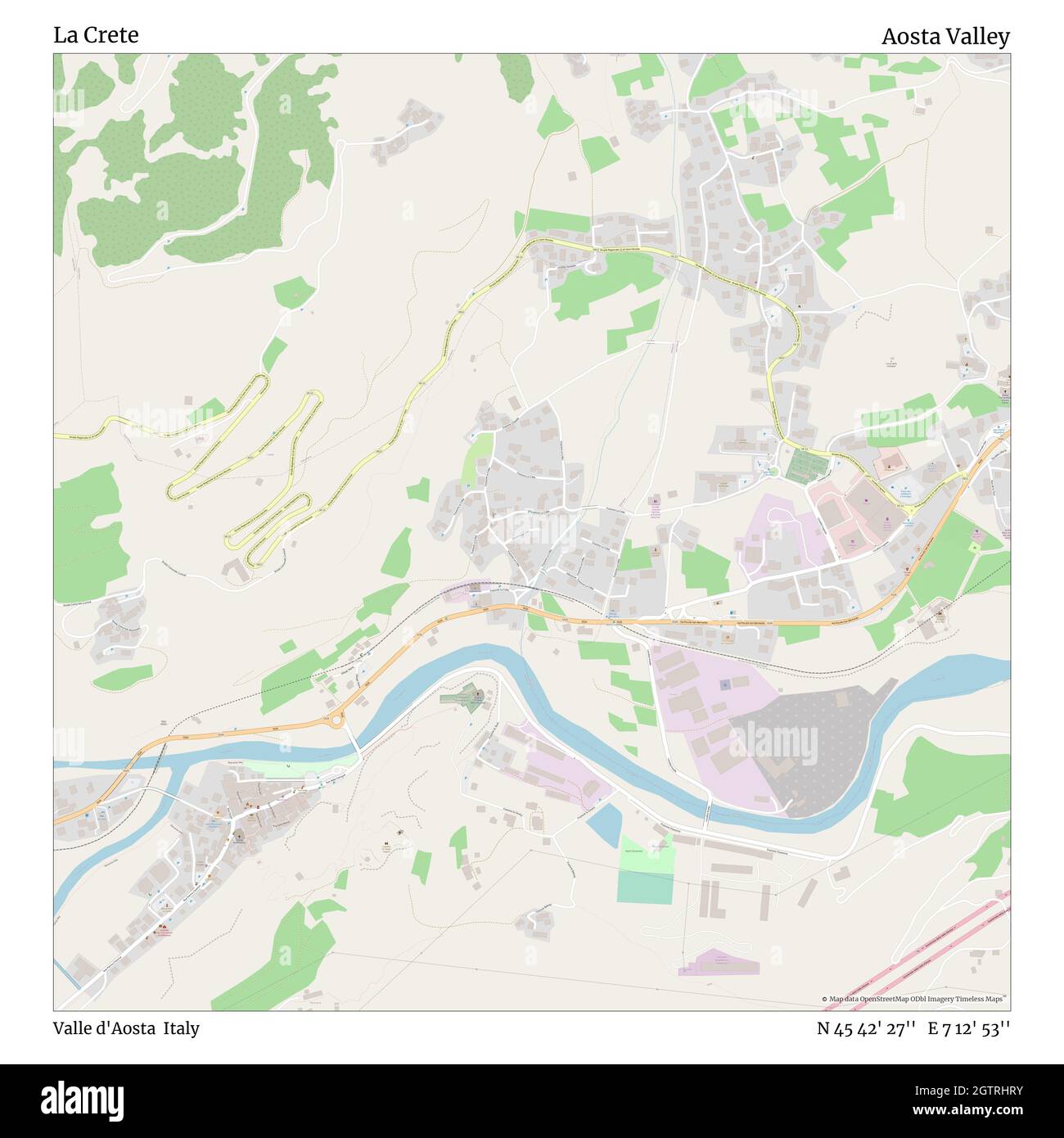 La Crete, Valle d'Aosta, Italy, Aosta Valley, N 45 42' 27'', E 7 12' 53'', map, Timeless Map published in 2021. Travelers, explorers and adventurers like Florence Nightingale, David Livingstone, Ernest Shackleton, Lewis and Clark and Sherlock Holmes relied on maps to plan travels to the world's most remote corners, Timeless Maps is mapping most locations on the globe, showing the achievement of great dreams Stock Photo