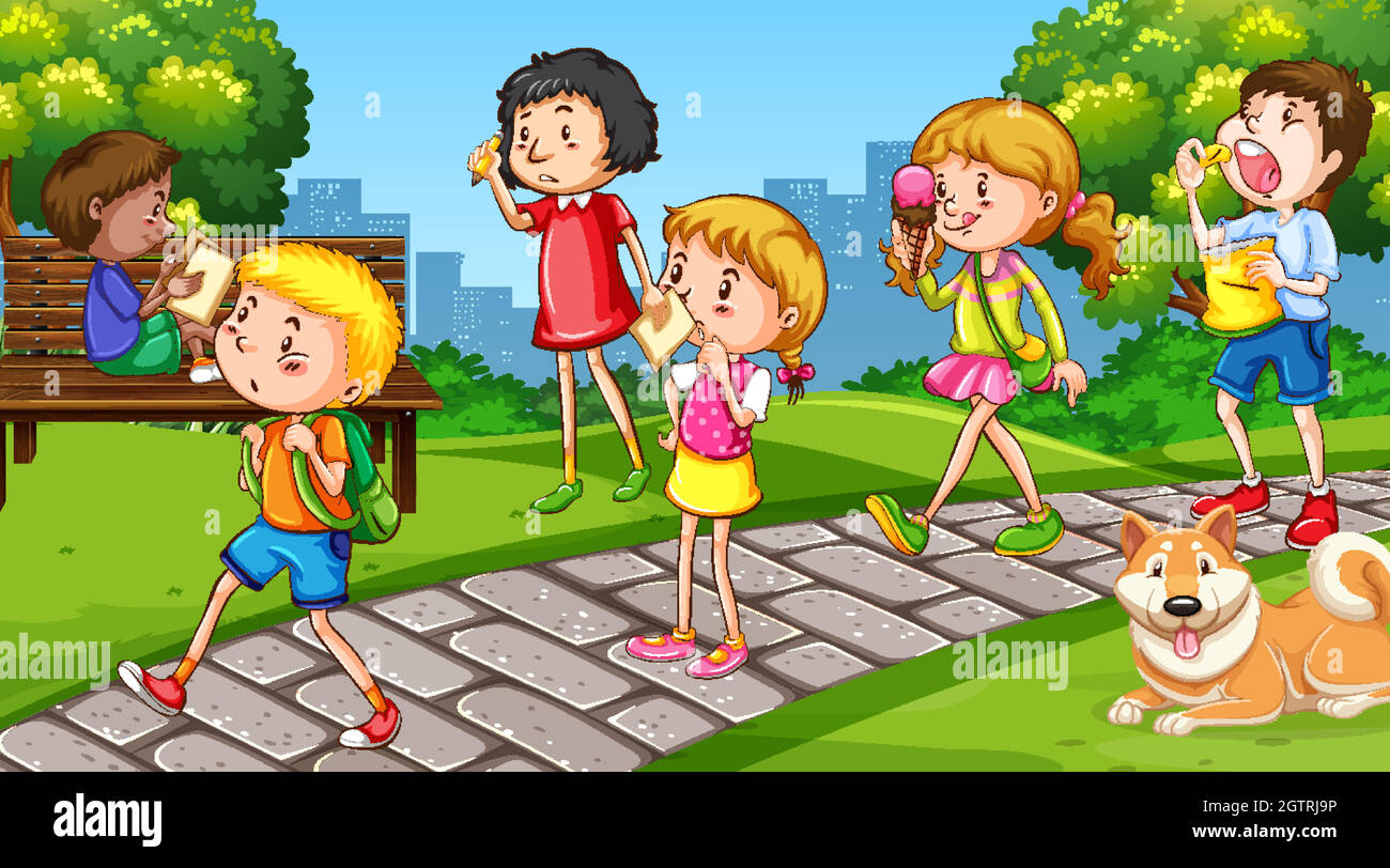Scene with many children walking in the park Stock Vector Image & Art ...