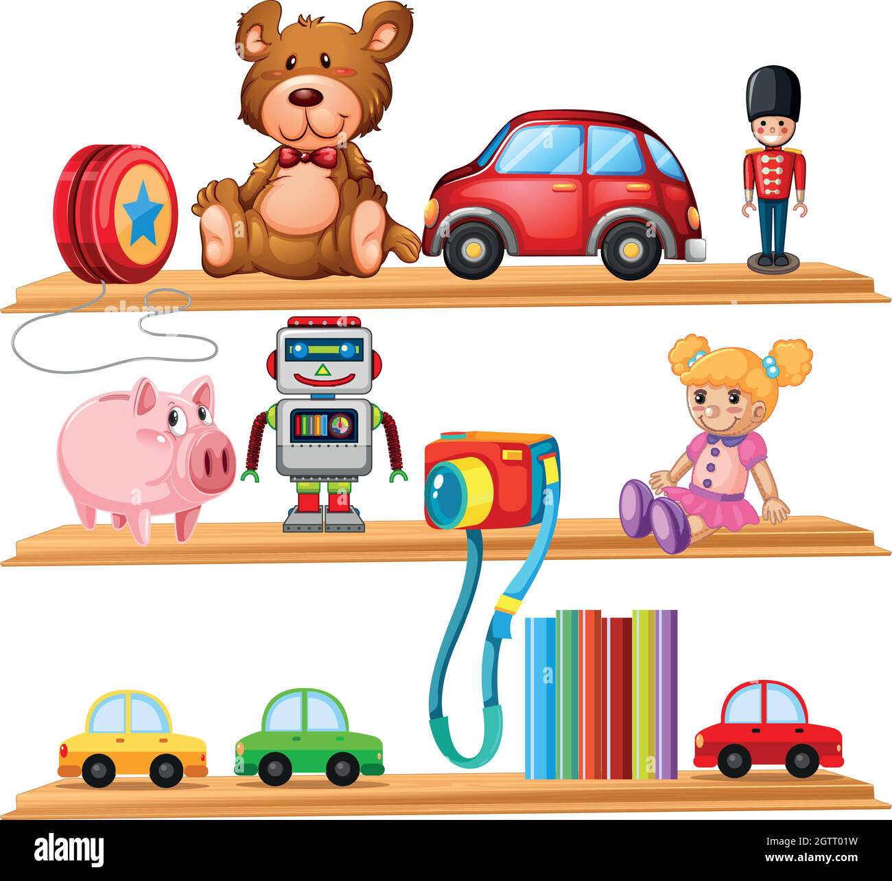 Many toys and books on wooden shelves Stock Vector