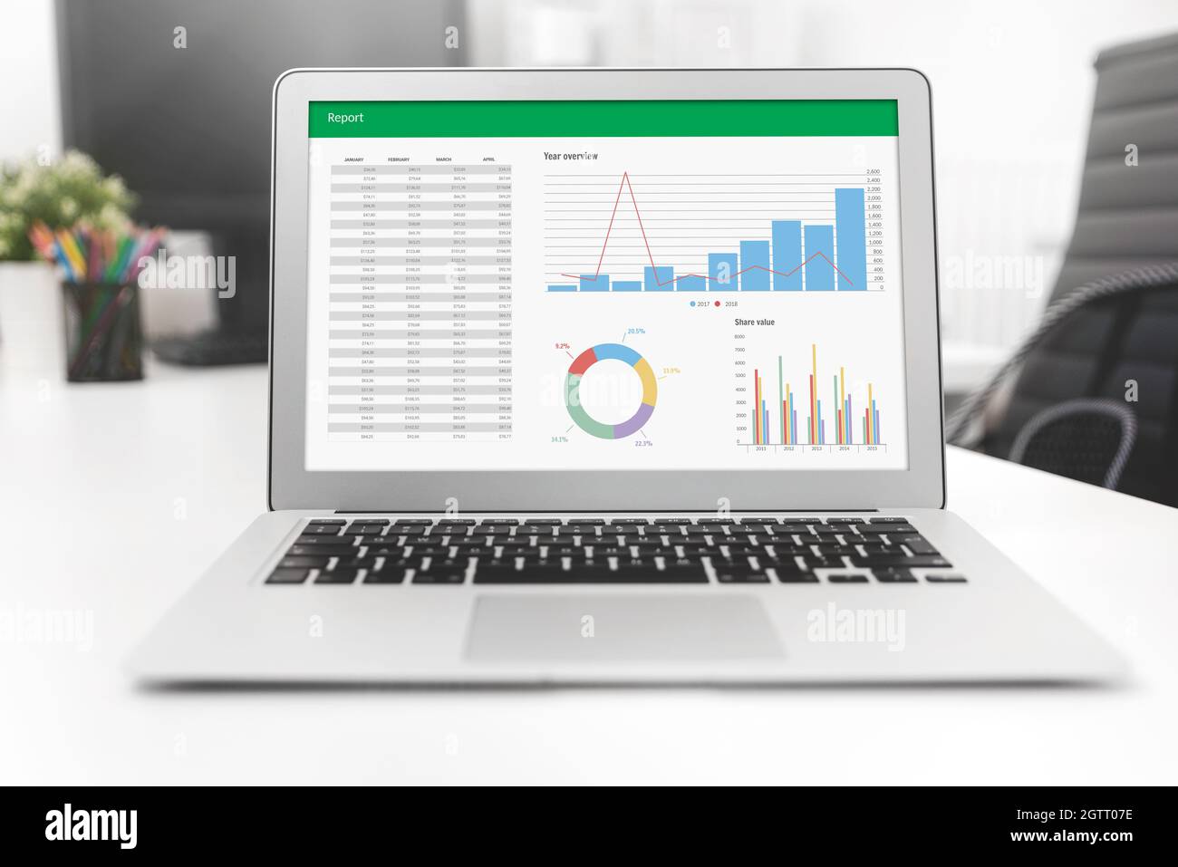 Laptop with charts, analyst works with data. Data analysis and statistics Stock Photo