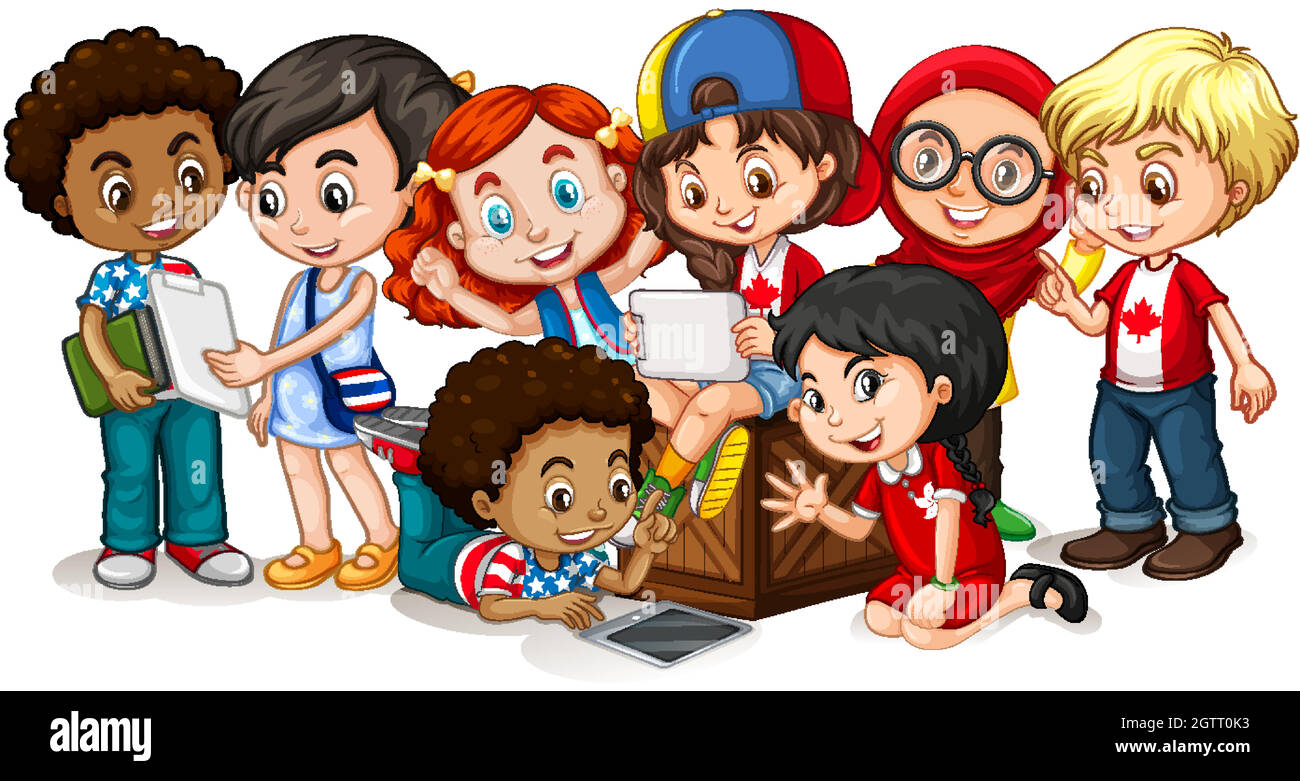 Happy children looking at tablet together Stock Vector Image & Art - Alamy