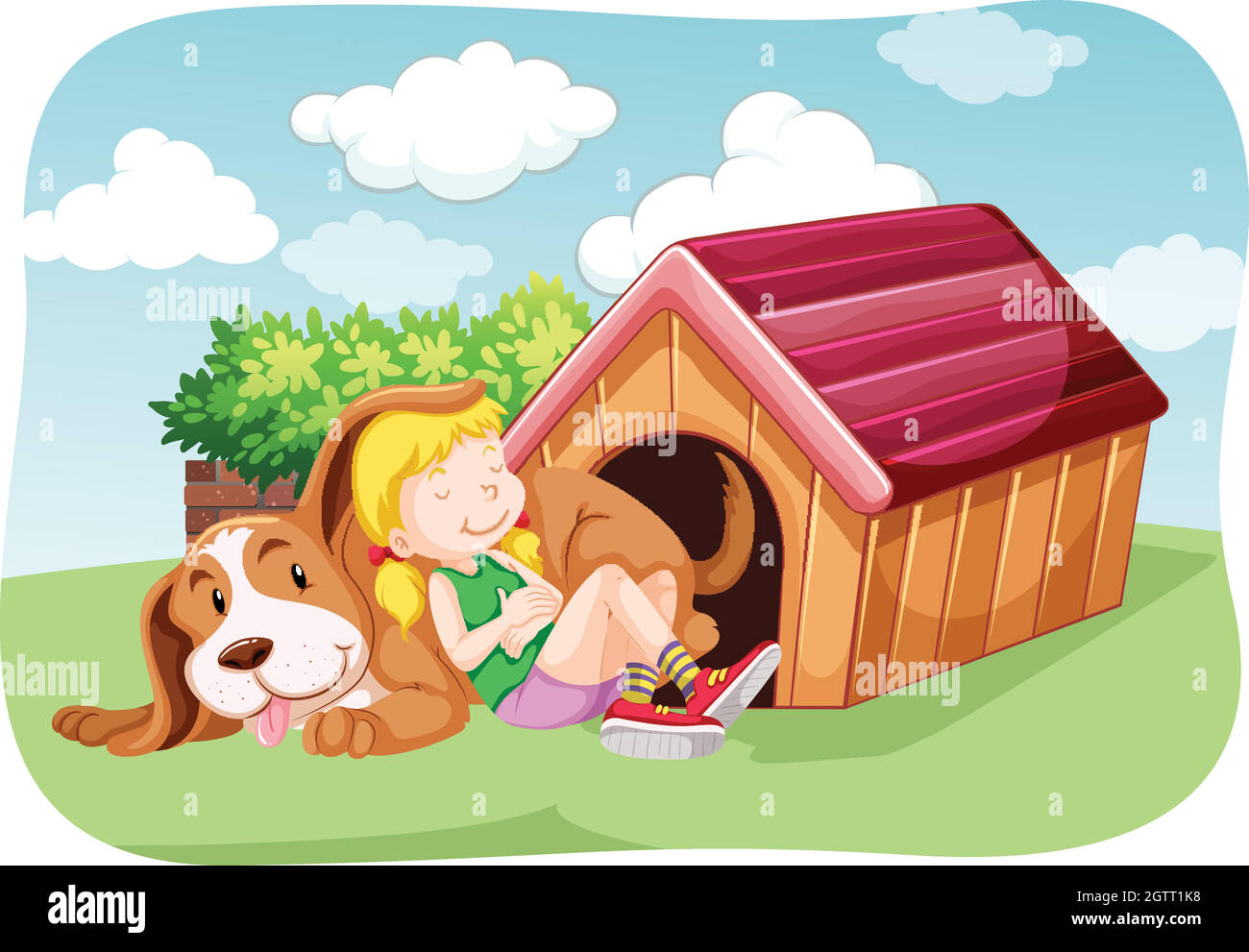 Girl and pet dog in the garden Stock Vector