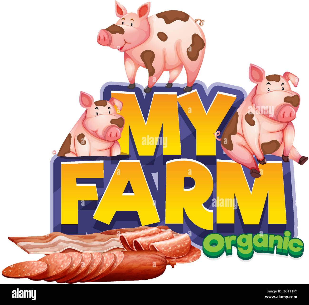Font design for word my farm with pigs and the products Stock Vector