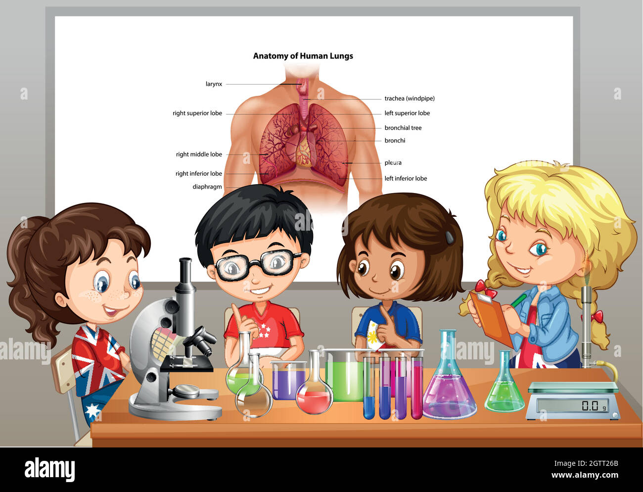 Students doing science labs in room Stock Vector