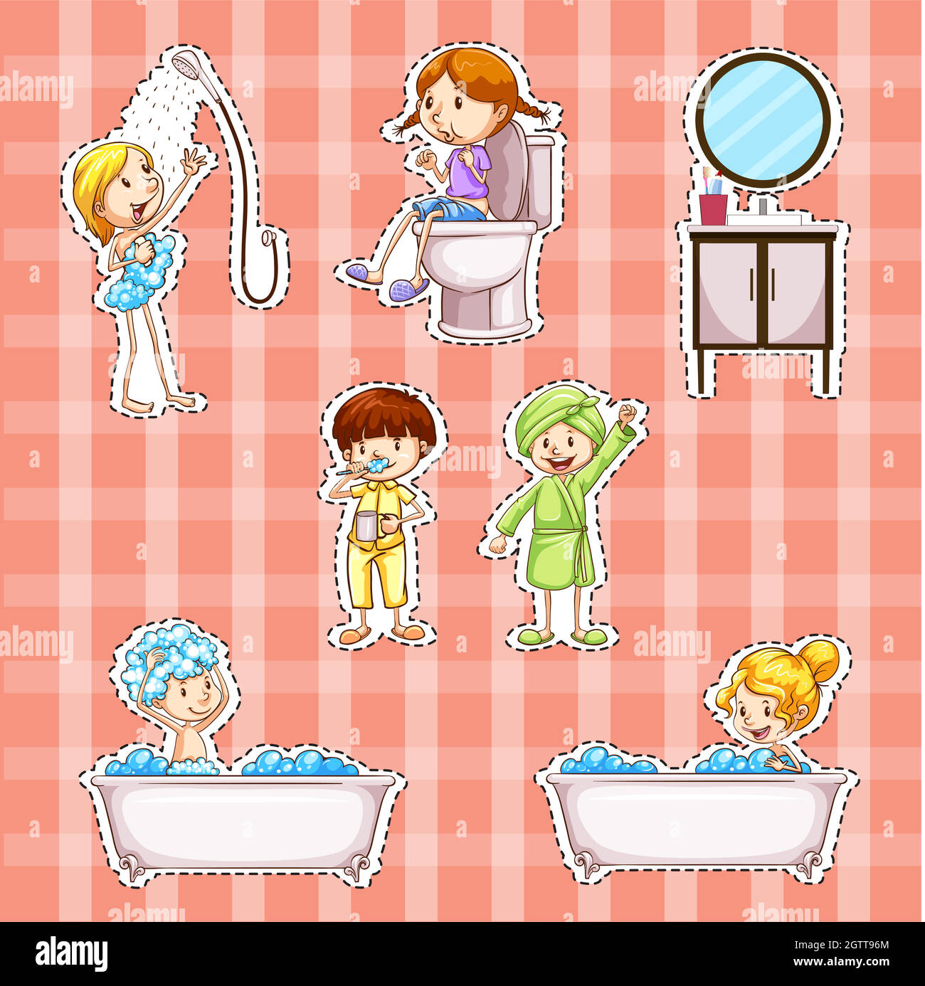 Sticker design with kids doing things in bathroom Stock Vector Image