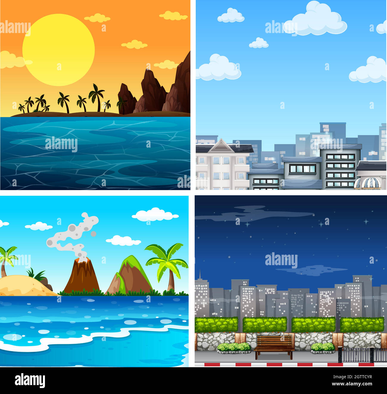 Four background scenes of ocean and city Stock Vector
