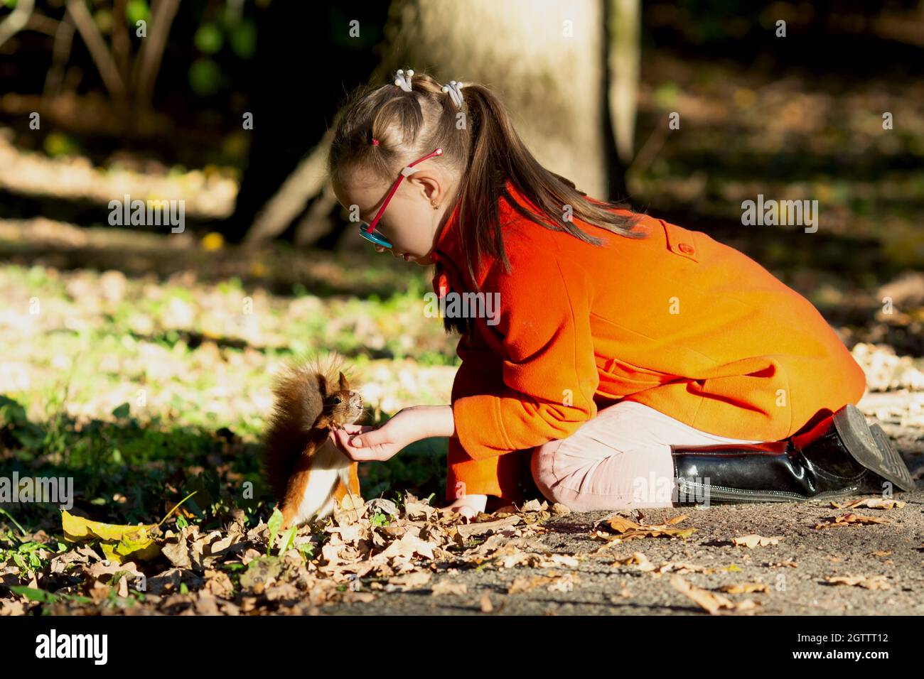 A girl with down syndrome feeds a squirrel nuts in the forest at sunset