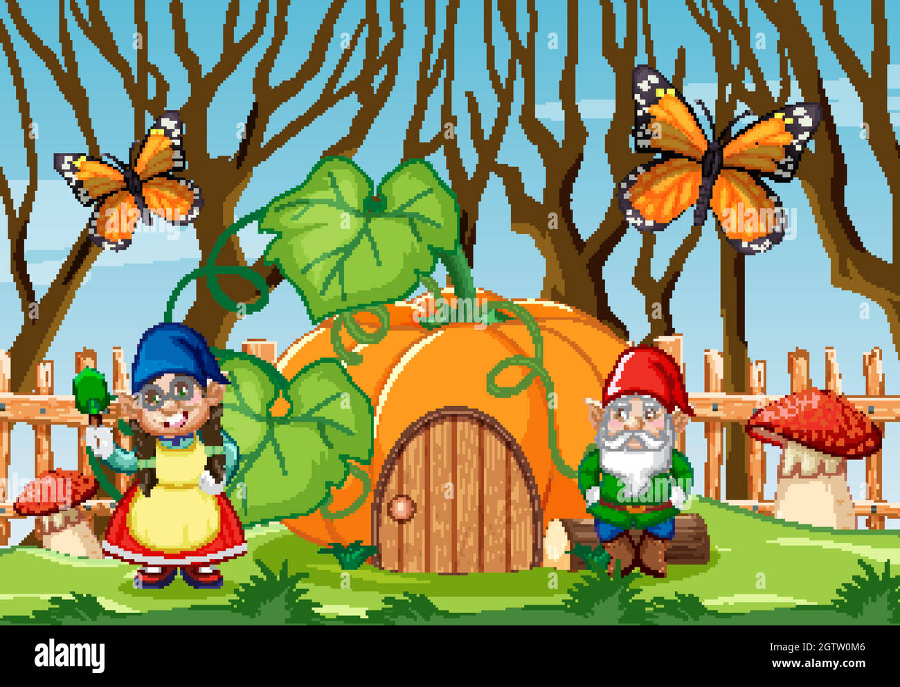 Gnome with pumpkin house in the garden with butterfly cartoon style