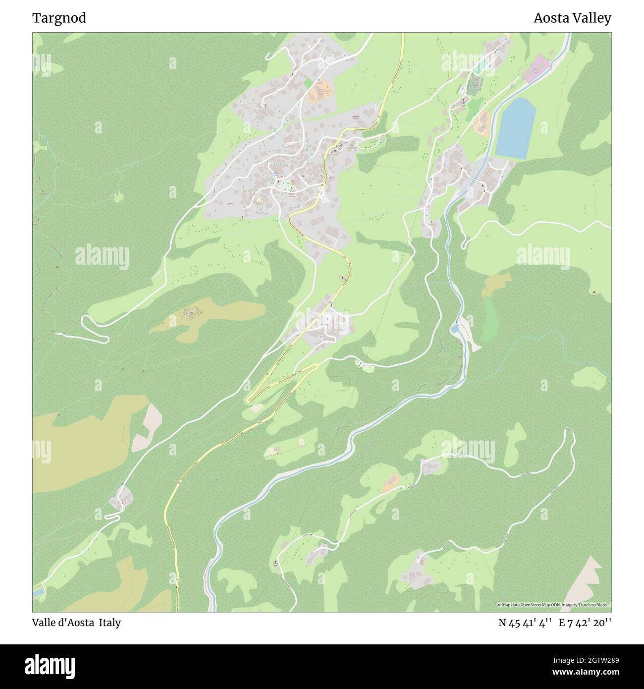 Targnod, Valle d'Aosta, Italy, Aosta Valley, N 45 41' 4'', E 7 42' 20'', map, Timeless Map published in 2021. Travelers, explorers and adventurers like Florence Nightingale, David Livingstone, Ernest Shackleton, Lewis and Clark and Sherlock Holmes relied on maps to plan travels to the world's most remote corners, Timeless Maps is mapping most locations on the globe, showing the achievement of great dreams Stock Photo