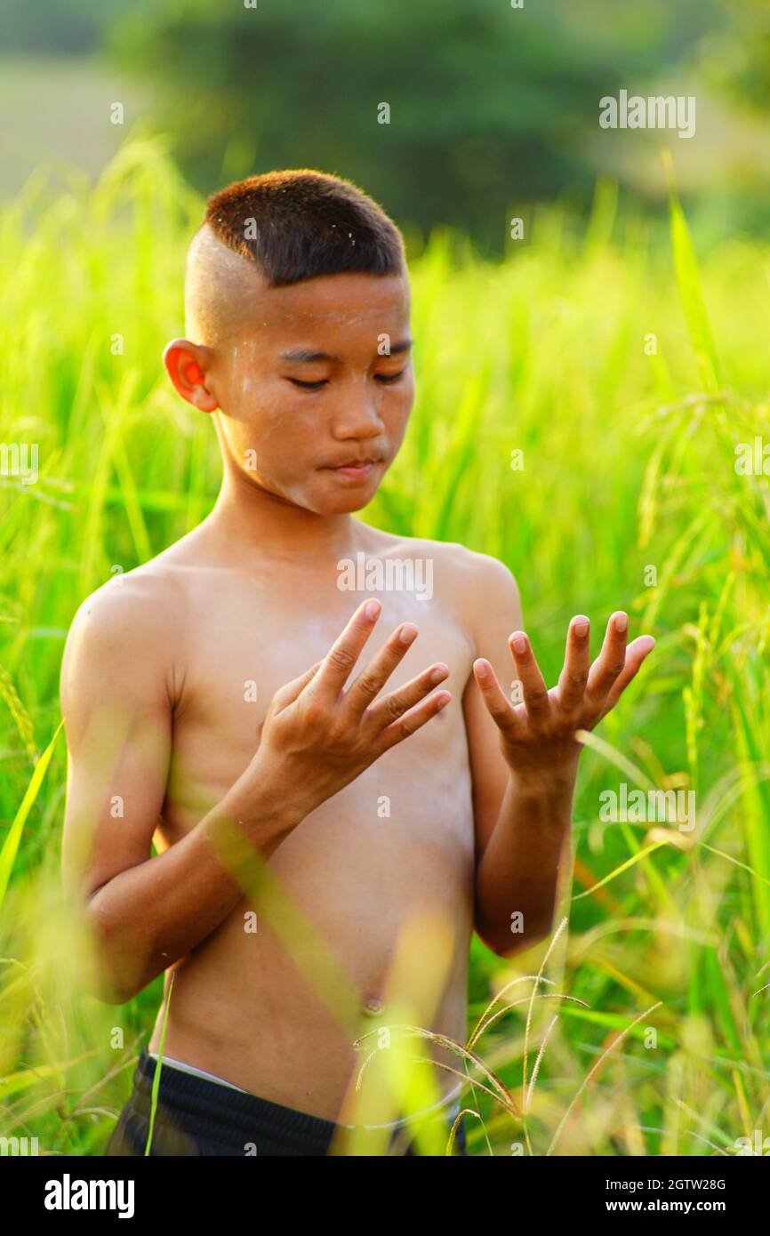 Shirtless Boy Standing Amidst Grass On Field Stock Photo
