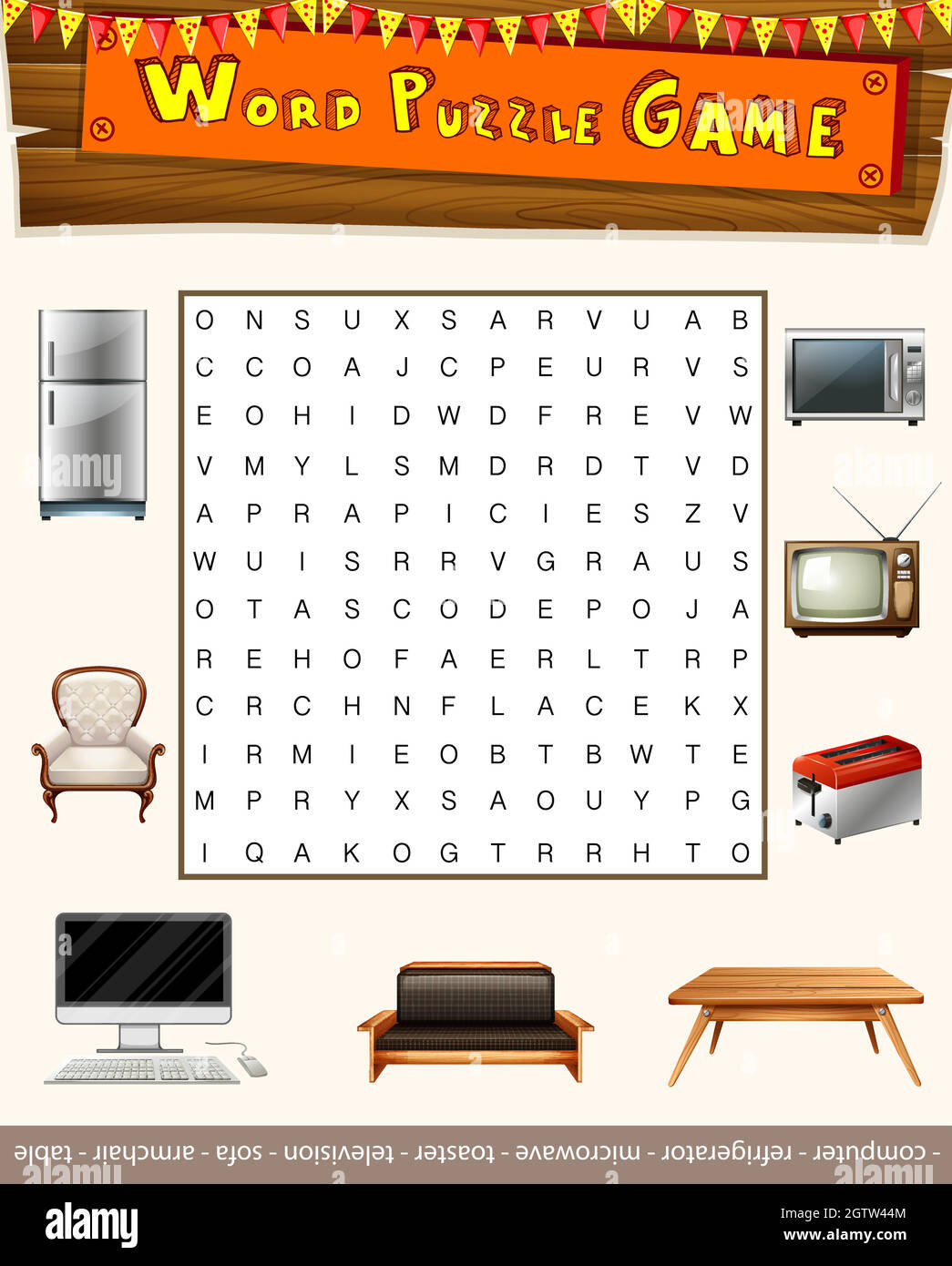 Word puzzle game with things in the house Stock Vector