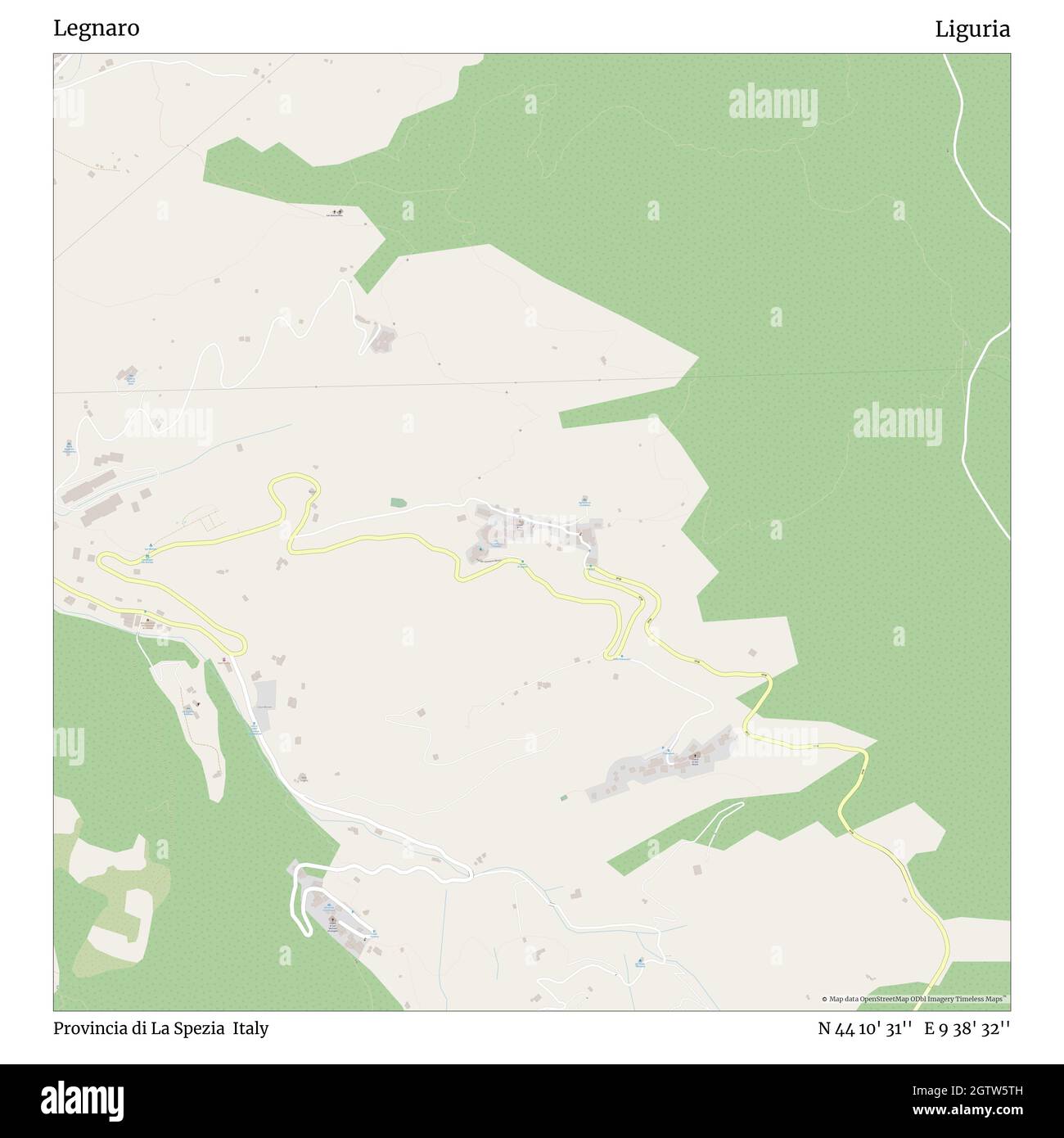 Legnaro, Provincia di La Spezia, Italy, Liguria, N 44 10' 31'', E 9 38' 32'', map, Timeless Map published in 2021. Travelers, explorers and adventurers like Florence Nightingale, David Livingstone, Ernest Shackleton, Lewis and Clark and Sherlock Holmes relied on maps to plan travels to the world's most remote corners, Timeless Maps is mapping most locations on the globe, showing the achievement of great dreams Stock Photo