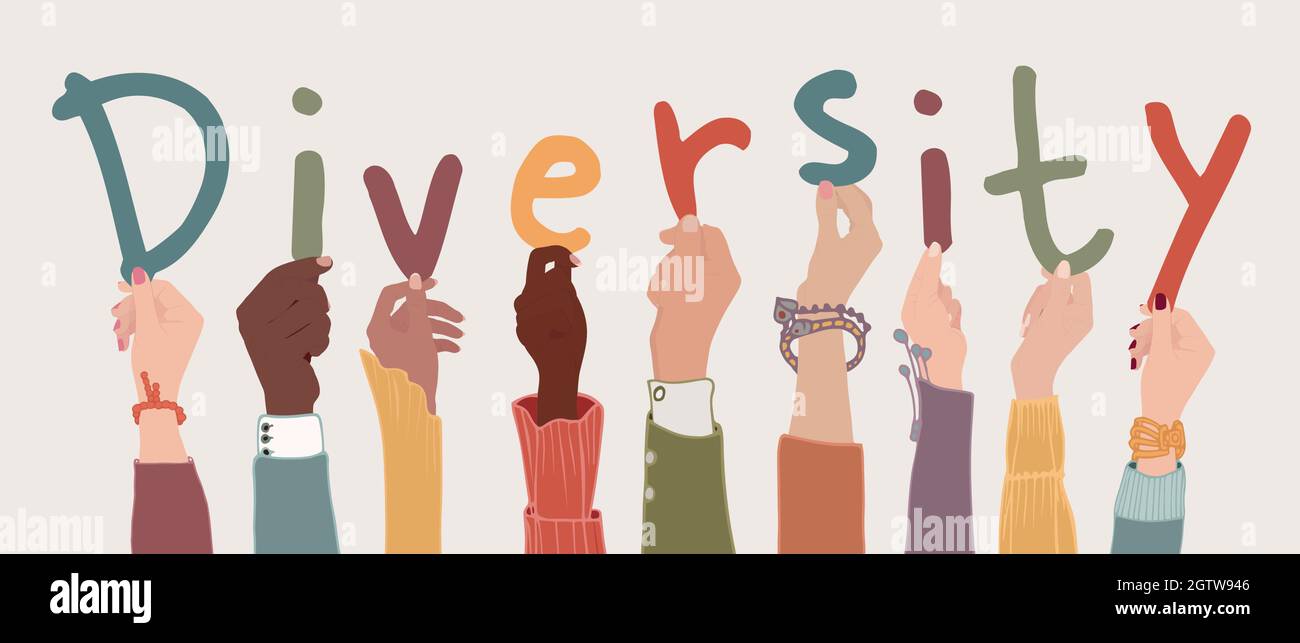 Raised arms of a group of diverse multi-ethnic multicultural people holding the letters forming the word -Diversity- in their hands. Racial equality Stock Vector