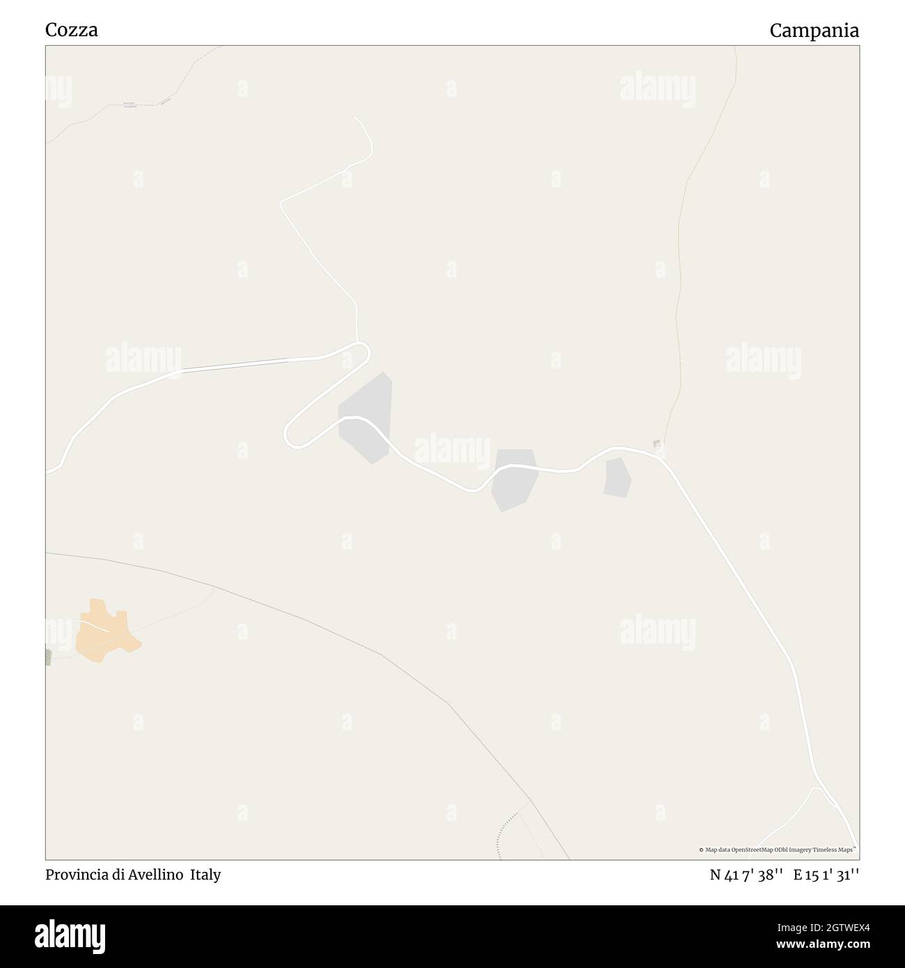 Cozza, Provincia di Avellino, Italy, Campania, N 41 7' 38'', E 15 1' 31'', map, Timeless Map published in 2021. Travelers, explorers and adventurers like Florence Nightingale, David Livingstone, Ernest Shackleton, Lewis and Clark and Sherlock Holmes relied on maps to plan travels to the world's most remote corners, Timeless Maps is mapping most locations on the globe, showing the achievement of great dreams Stock Photo