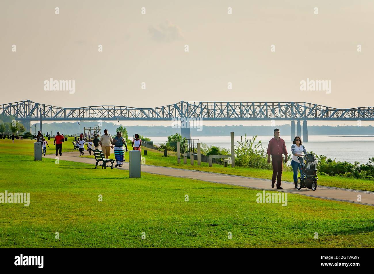 People walk in Tom Lee Park, Sept. 6, 2015, in Memphis, Tennessee. Tom Lee Park is a 30-acre city park west of the city of Memphis. Stock Photo