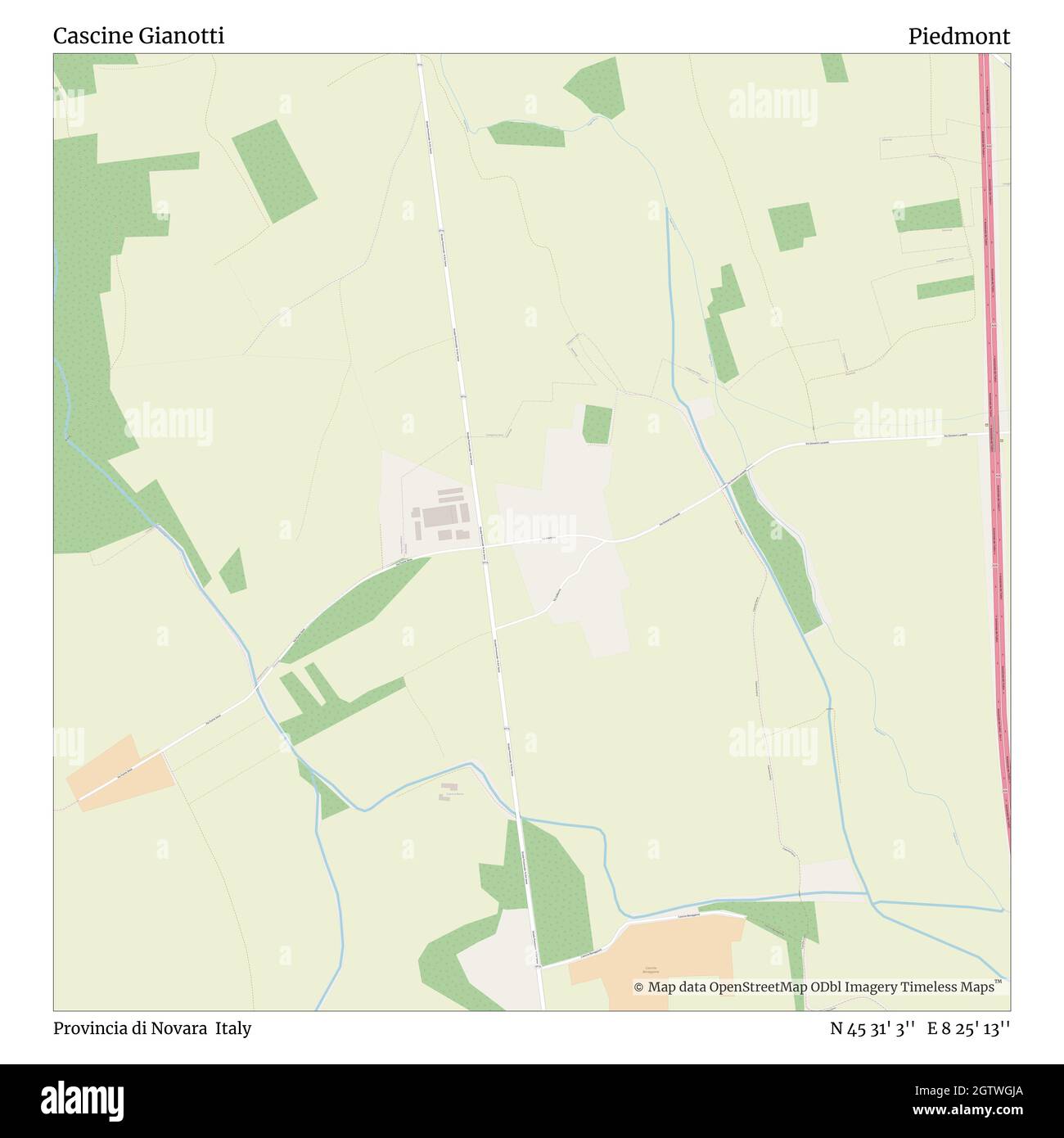 Cascine Gianotti, Provincia di Novara, Italy, Piedmont, N 45 31' 3'', E 8 25' 13'', map, Timeless Map published in 2021. Travelers, explorers and adventurers like Florence Nightingale, David Livingstone, Ernest Shackleton, Lewis and Clark and Sherlock Holmes relied on maps to plan travels to the world's most remote corners, Timeless Maps is mapping most locations on the globe, showing the achievement of great dreams Stock Photo