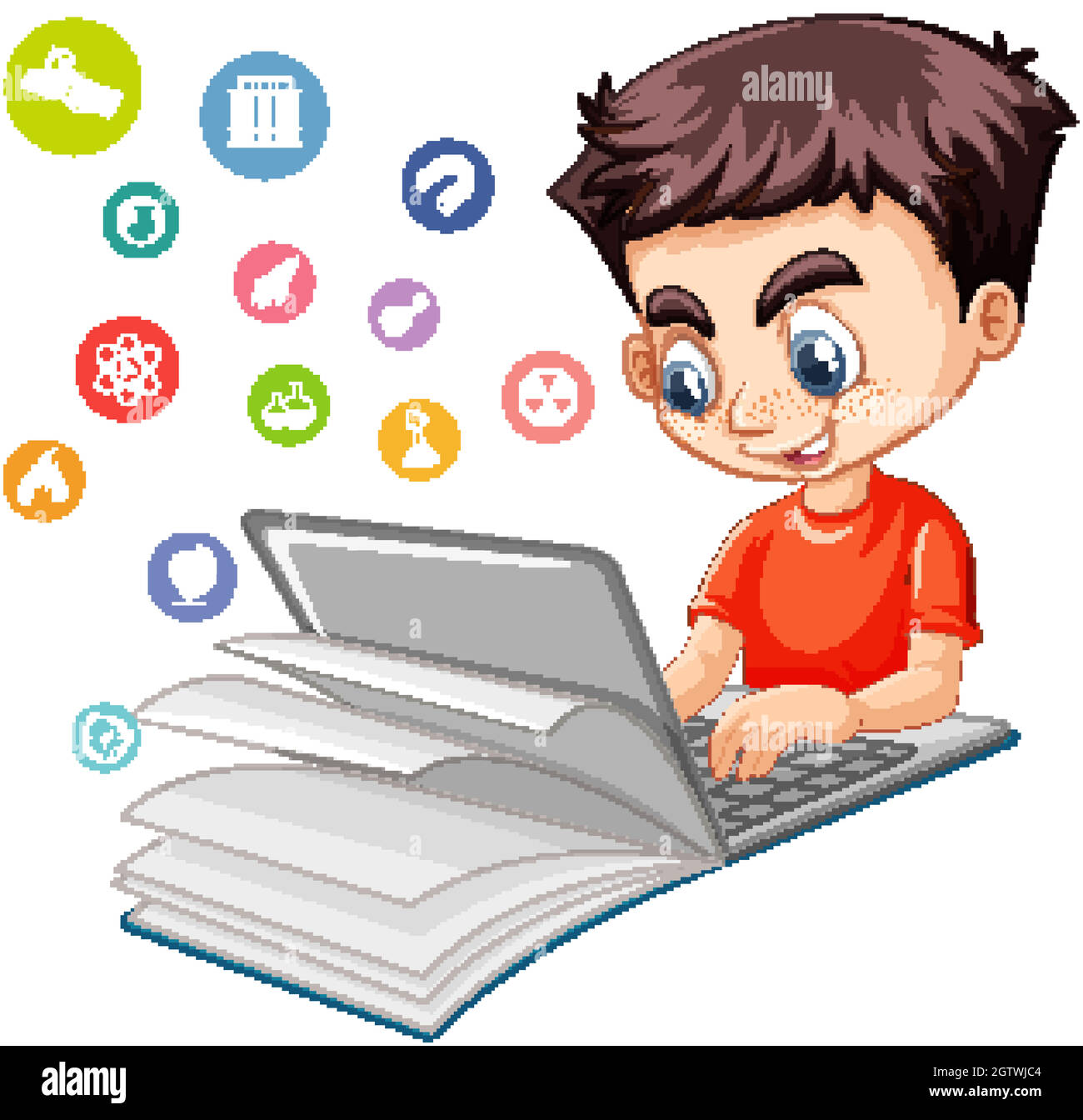 Boy searching on laptop with education icon isolated Stock Vector Image