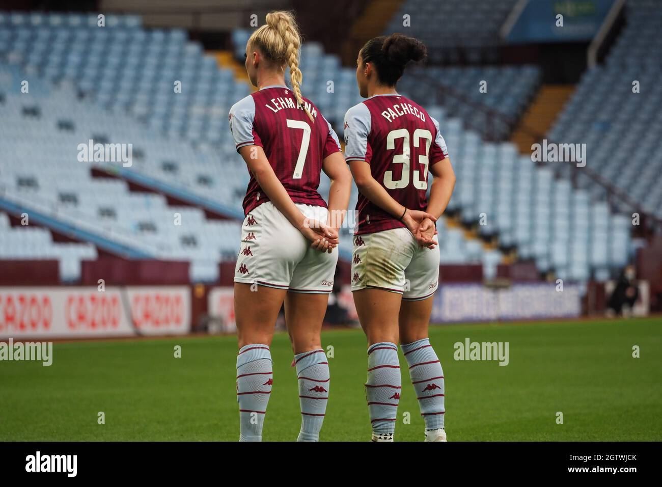 Birmingham Uk 02nd Oct 21 Alisha Lehmann 7 Aston Villa And Mayumi Pacheco 33 Aston Villa Defend A Free Kick During The Barclays Fa Womens Super League Game Between Aston Villa And