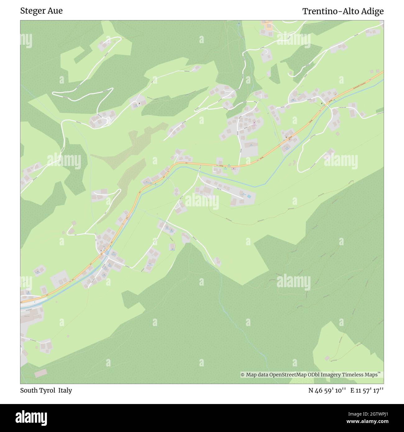 Steger Aue, South Tyrol, Italy, Trentino-Alto Adige, N 46 59' 10'', E 11 57' 17'', map, Timeless Map published in 2021. Travelers, explorers and adventurers like Florence Nightingale, David Livingstone, Ernest Shackleton, Lewis and Clark and Sherlock Holmes relied on maps to plan travels to the world's most remote corners, Timeless Maps is mapping most locations on the globe, showing the achievement of great dreams Stock Photo