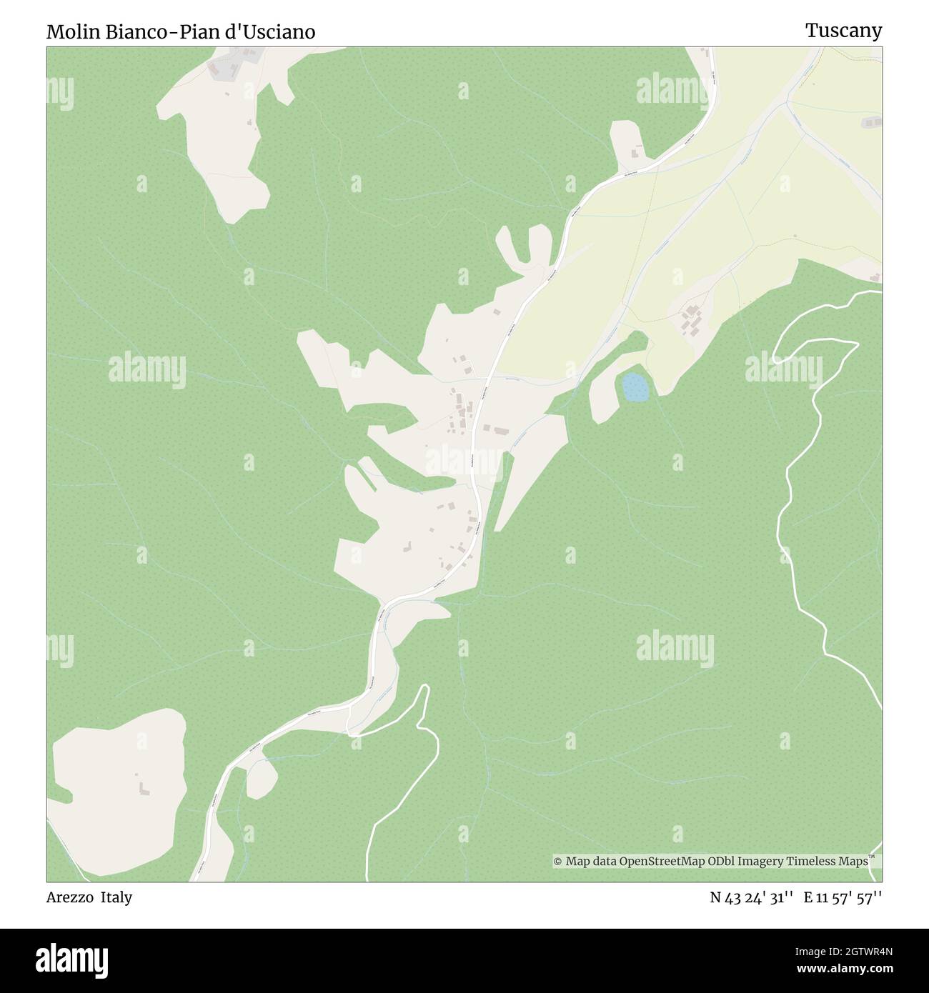 Molin Bianco-Pian d'Usciano, Arezzo, Italy, Tuscany, N 43 24' 31'', E 11 57' 57'', map, Timeless Map published in 2021. Travelers, explorers and adventurers like Florence Nightingale, David Livingstone, Ernest Shackleton, Lewis and Clark and Sherlock Holmes relied on maps to plan travels to the world's most remote corners, Timeless Maps is mapping most locations on the globe, showing the achievement of great dreams Stock Photo