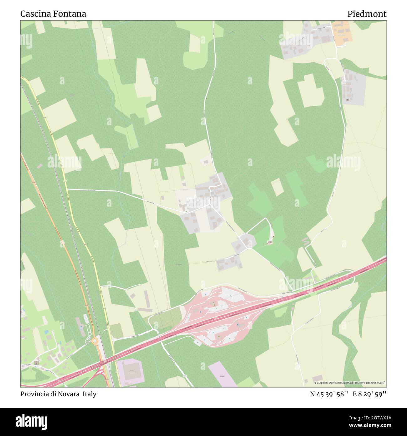 Cascina Fontana, Provincia di Novara, Italy, Piedmont, N 45 39' 58'', E 8 29' 59'', map, Timeless Map published in 2021. Travelers, explorers and adventurers like Florence Nightingale, David Livingstone, Ernest Shackleton, Lewis and Clark and Sherlock Holmes relied on maps to plan travels to the world's most remote corners, Timeless Maps is mapping most locations on the globe, showing the achievement of great dreams Stock Photo